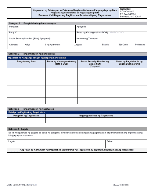 Form DOC.241.23 Provider Move Scholarship Request Form - Maryland (Tagalog)