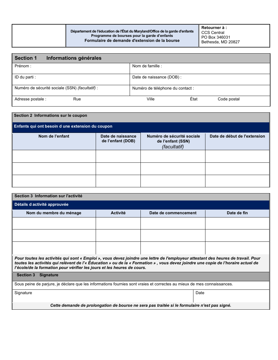 Scholarship Extension Request Form - Maryland (French), Page 1