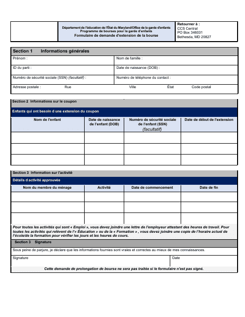 Scholarship Extension Request Form - Maryland (French) Download Pdf