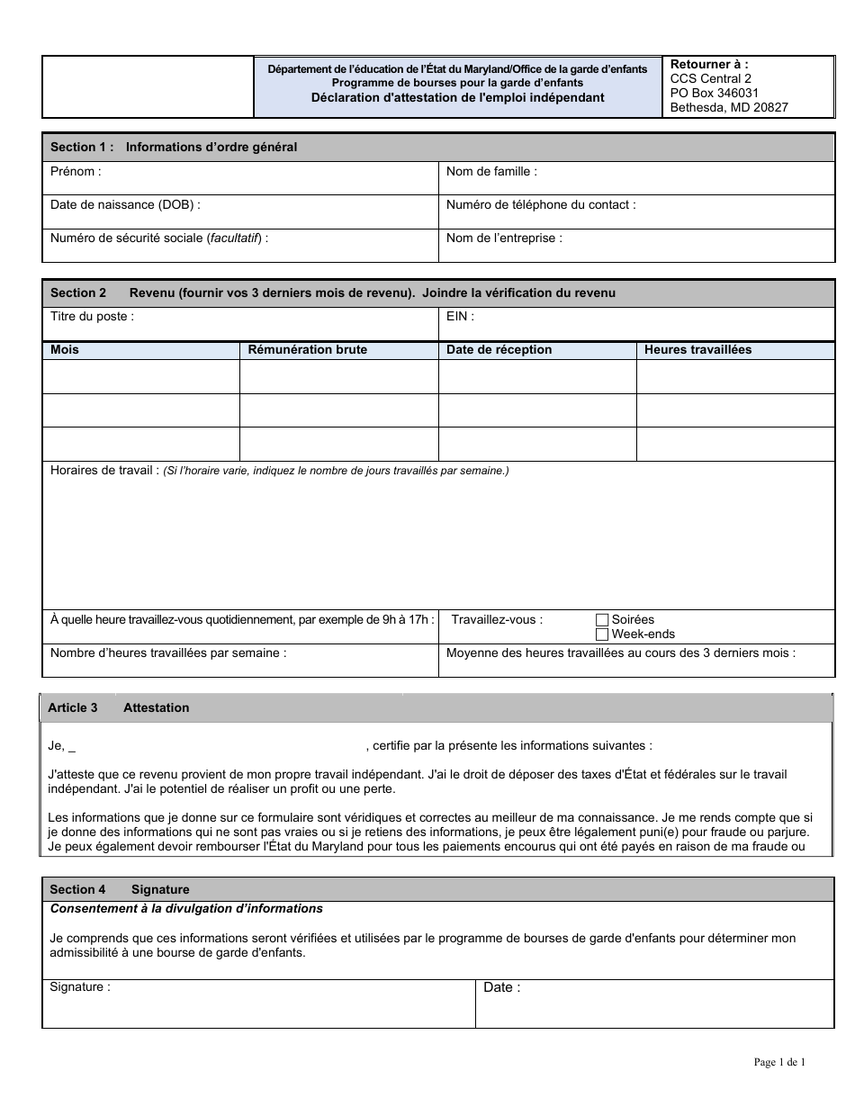 Self-employment Attestation Statement - Maryland (French), Page 1
