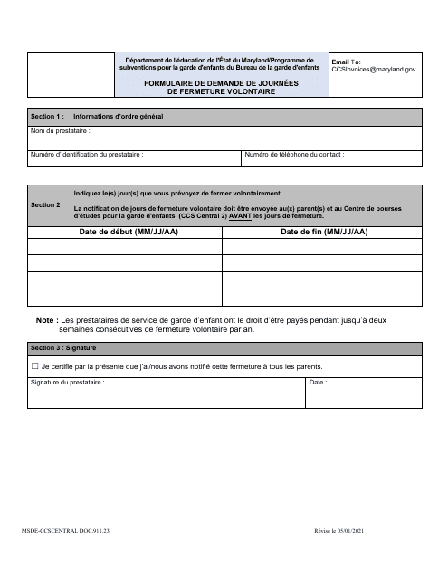 Form DOC.911.23 Voluntary Closure Days Request Form - Maryland (French)
