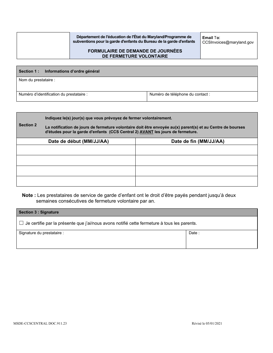 Form DOC.911.23 Voluntary Closure Days Request Form - Maryland (French), Page 1