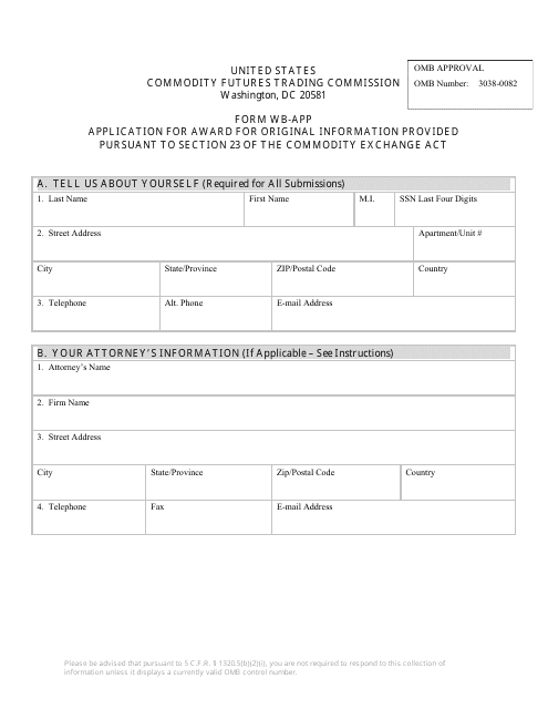 CFTC Form WB-APP Application for Award for Original Information Provided Pursuant to Section 23 of the Commodity Exchange Act