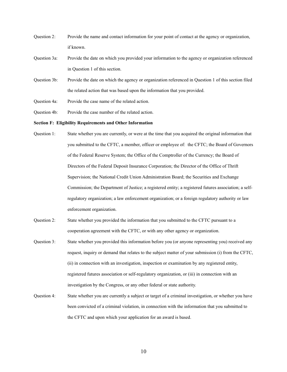 CFTC Form WB-APP Application for Award for Original Information Provided Pursuant to Section 23 of the Commodity Exchange Act, Page 10