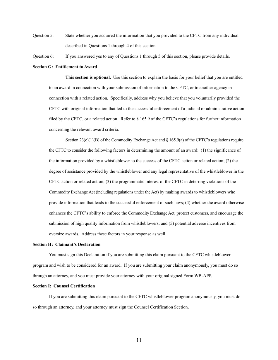 CFTC Form WB-APP Application for Award for Original Information Provided Pursuant to Section 23 of the Commodity Exchange Act, Page 11