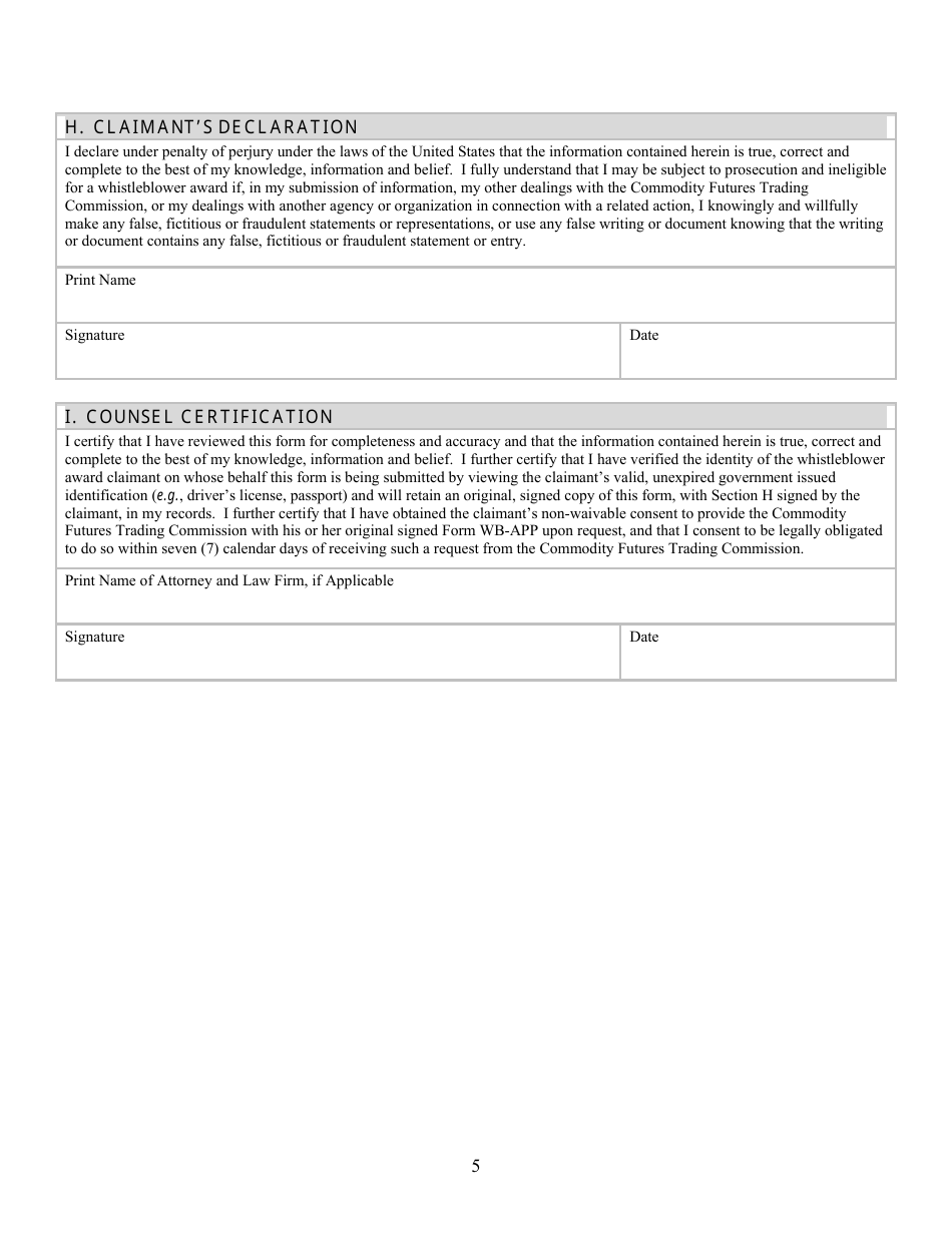 CFTC Form WB-APP Application for Award for Original Information Provided Pursuant to Section 23 of the Commodity Exchange Act, Page 5