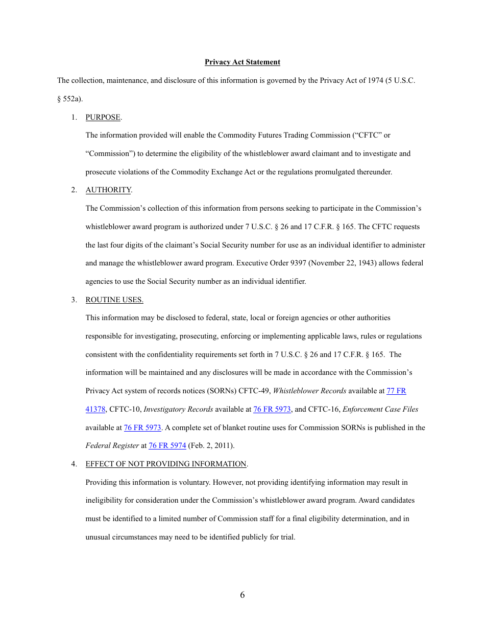 CFTC Form WB-APP Application for Award for Original Information Provided Pursuant to Section 23 of the Commodity Exchange Act, Page 6