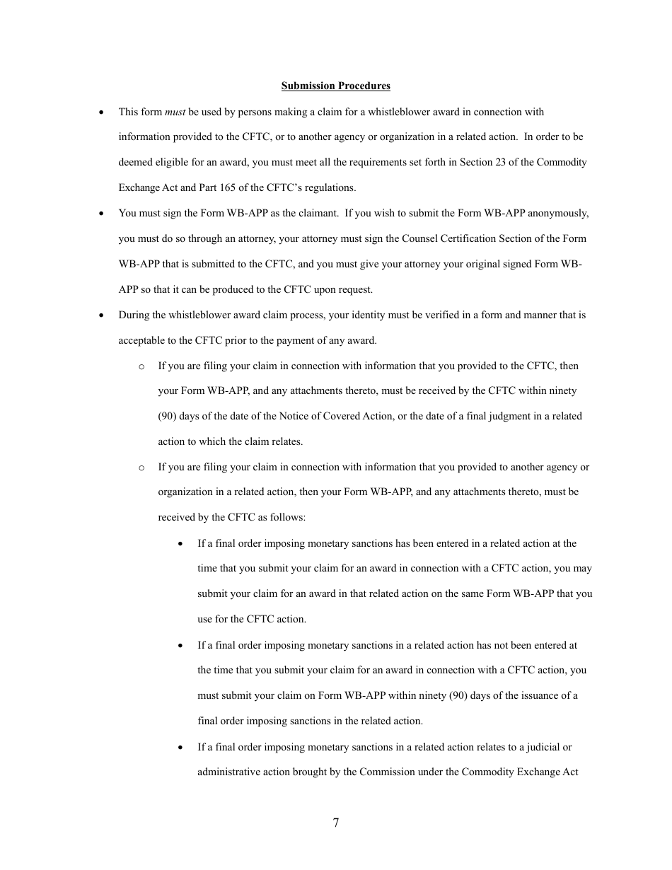 CFTC Form WB-APP Application for Award for Original Information Provided Pursuant to Section 23 of the Commodity Exchange Act, Page 7