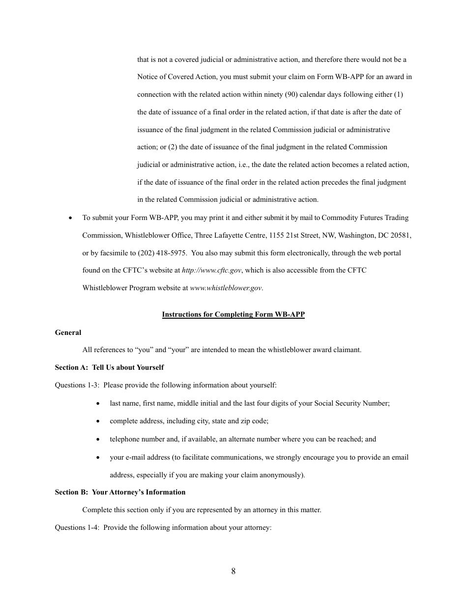 CFTC Form WB-APP Application for Award for Original Information Provided Pursuant to Section 23 of the Commodity Exchange Act, Page 8