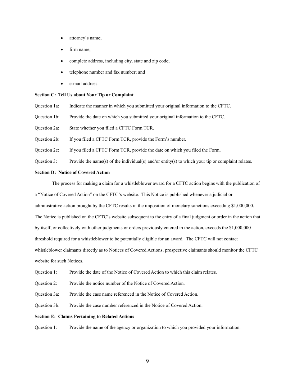 CFTC Form WB-APP Application for Award for Original Information Provided Pursuant to Section 23 of the Commodity Exchange Act, Page 9
