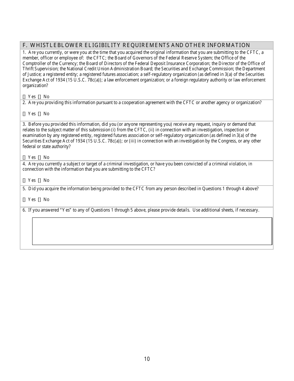CFTC Form TCR Tip, Complaint or Referral, Page 10