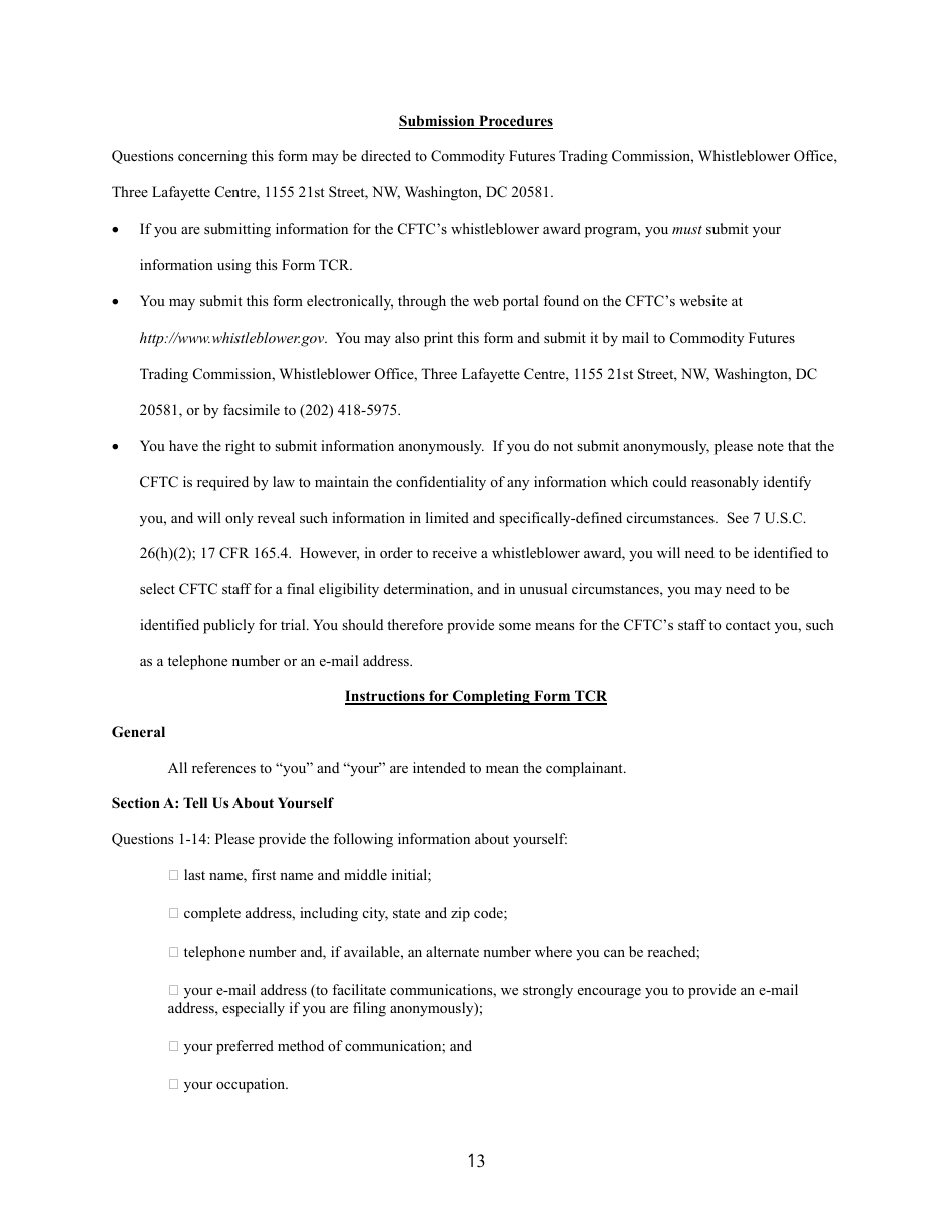 CFTC Form TCR Tip, Complaint or Referral, Page 13