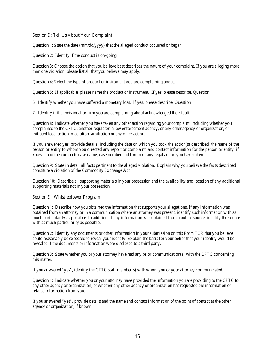 CFTC Form TCR Tip, Complaint or Referral, Page 15
