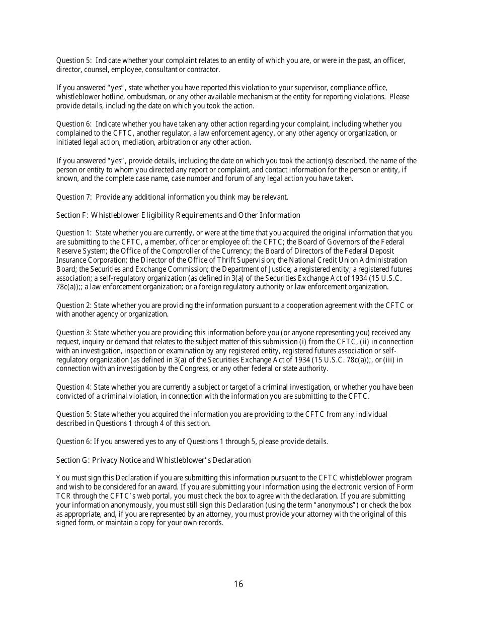 CFTC Form TCR Tip, Complaint or Referral, Page 16