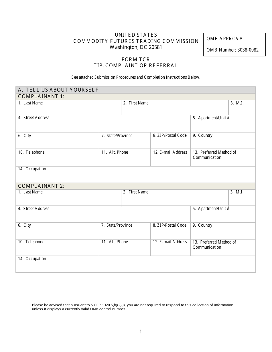 CFTC Form TCR Tip, Complaint or Referral, Page 1
