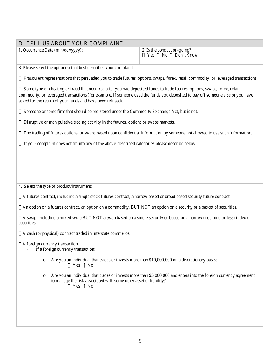 CFTC Form TCR Tip, Complaint or Referral, Page 5
