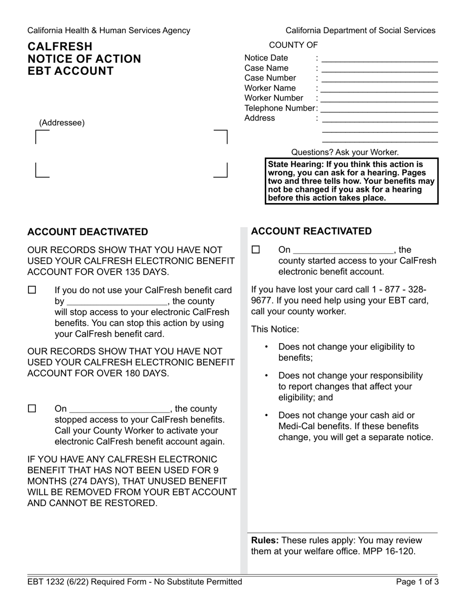 Form EBT1232 CalFresh Notice of Action Ebt Account - California, Page 1