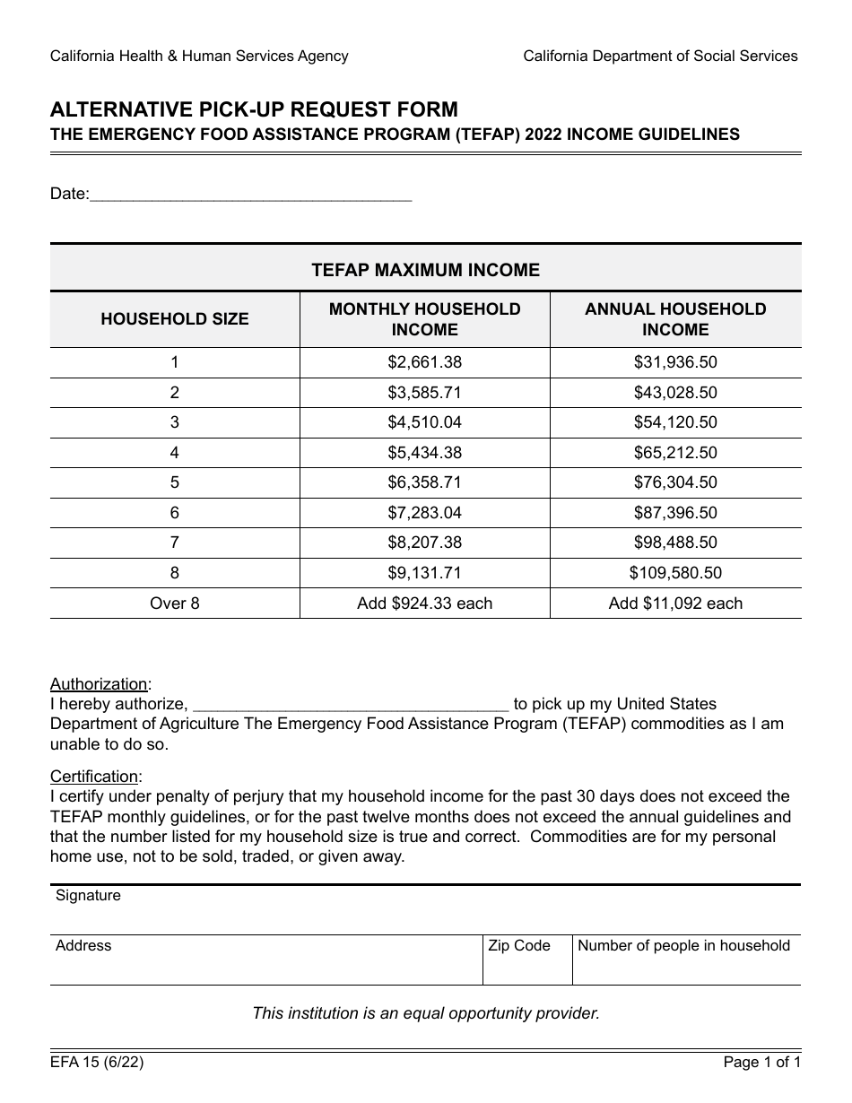 Form EFA15 Alternative Pick-Up Request Form - the Emergency Food Assistance Program (Tefap) Income Guidelines - California, Page 1