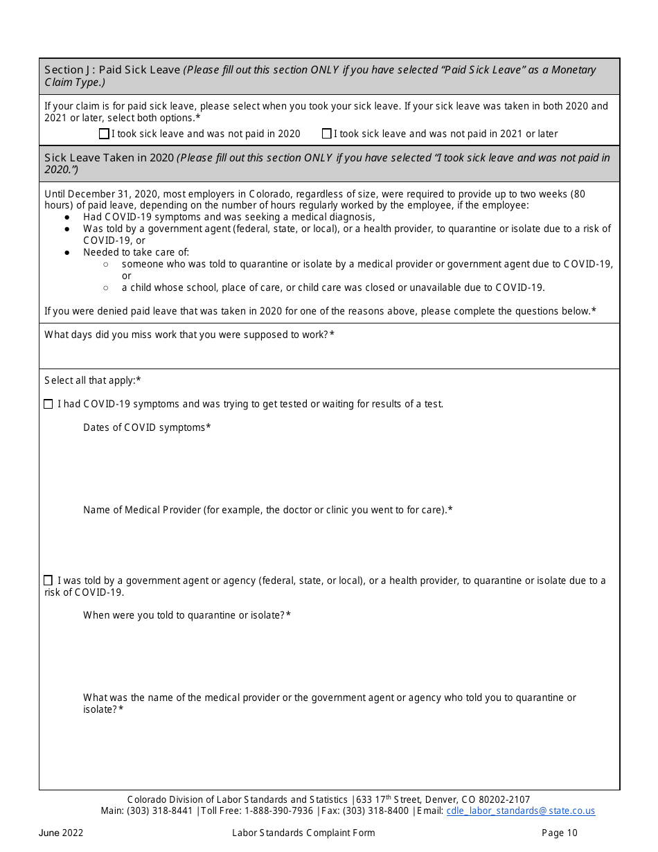 Labor Standards Complaint Form - Colorado, Page 10