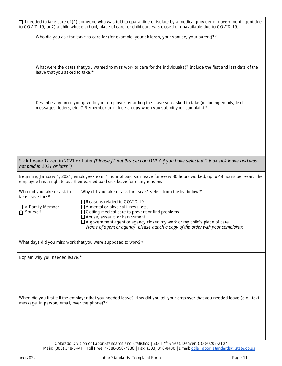 Labor Standards Complaint Form - Colorado, Page 11