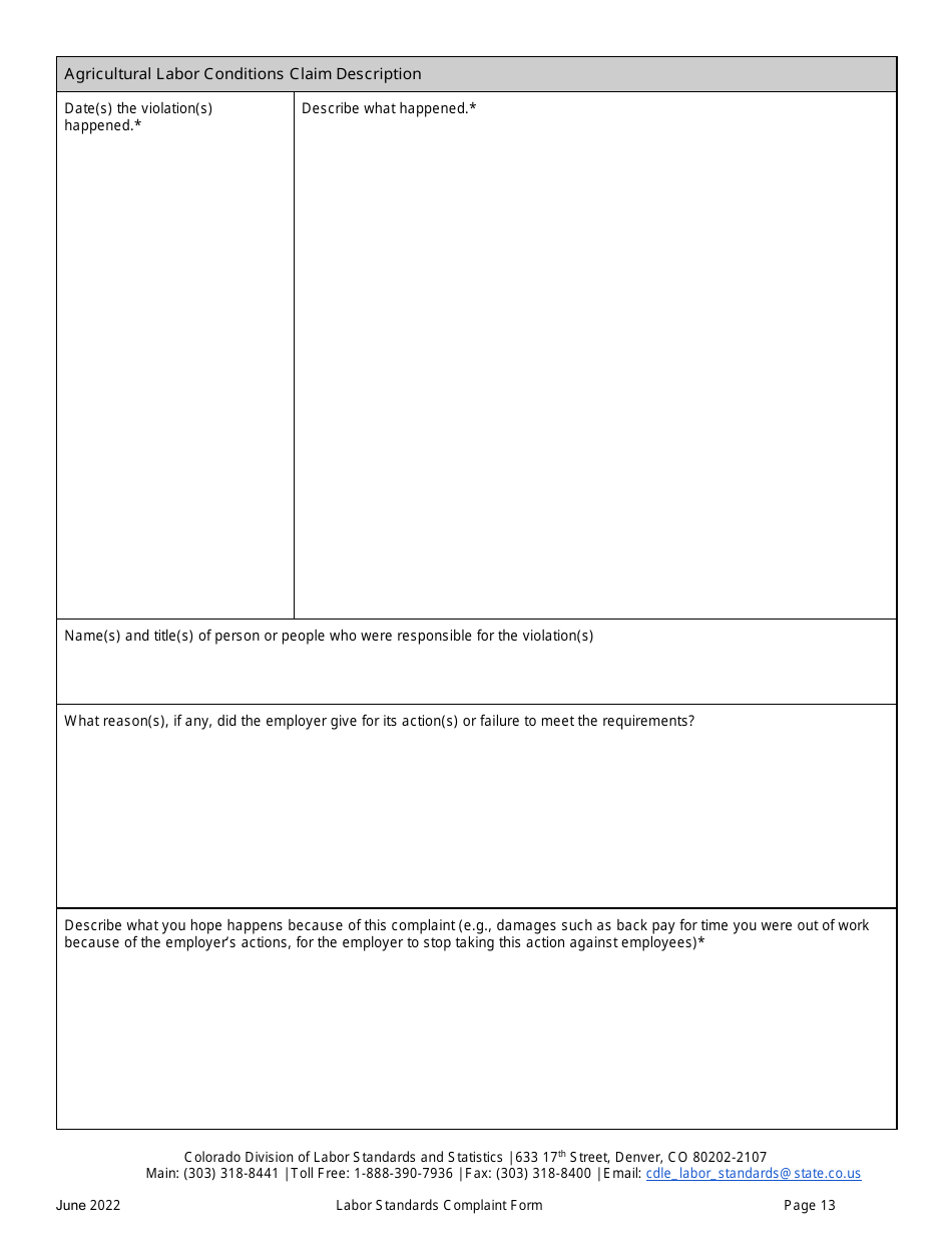 Labor Standards Complaint Form - Colorado, Page 13