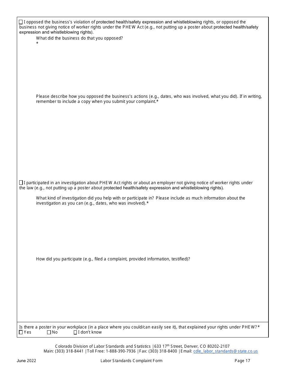 Labor Standards Complaint Form - Colorado, Page 17