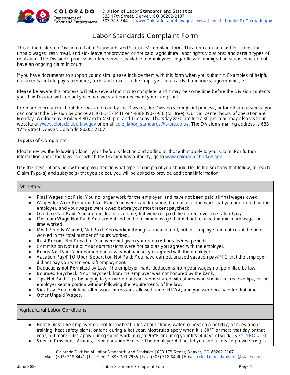 Labor Standards Complaint Form - Colorado, Page 1