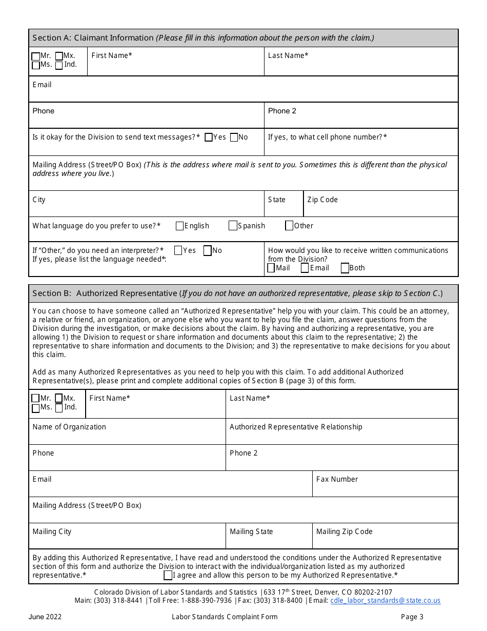 Labor Standards Complaint Form - Colorado, Page 3