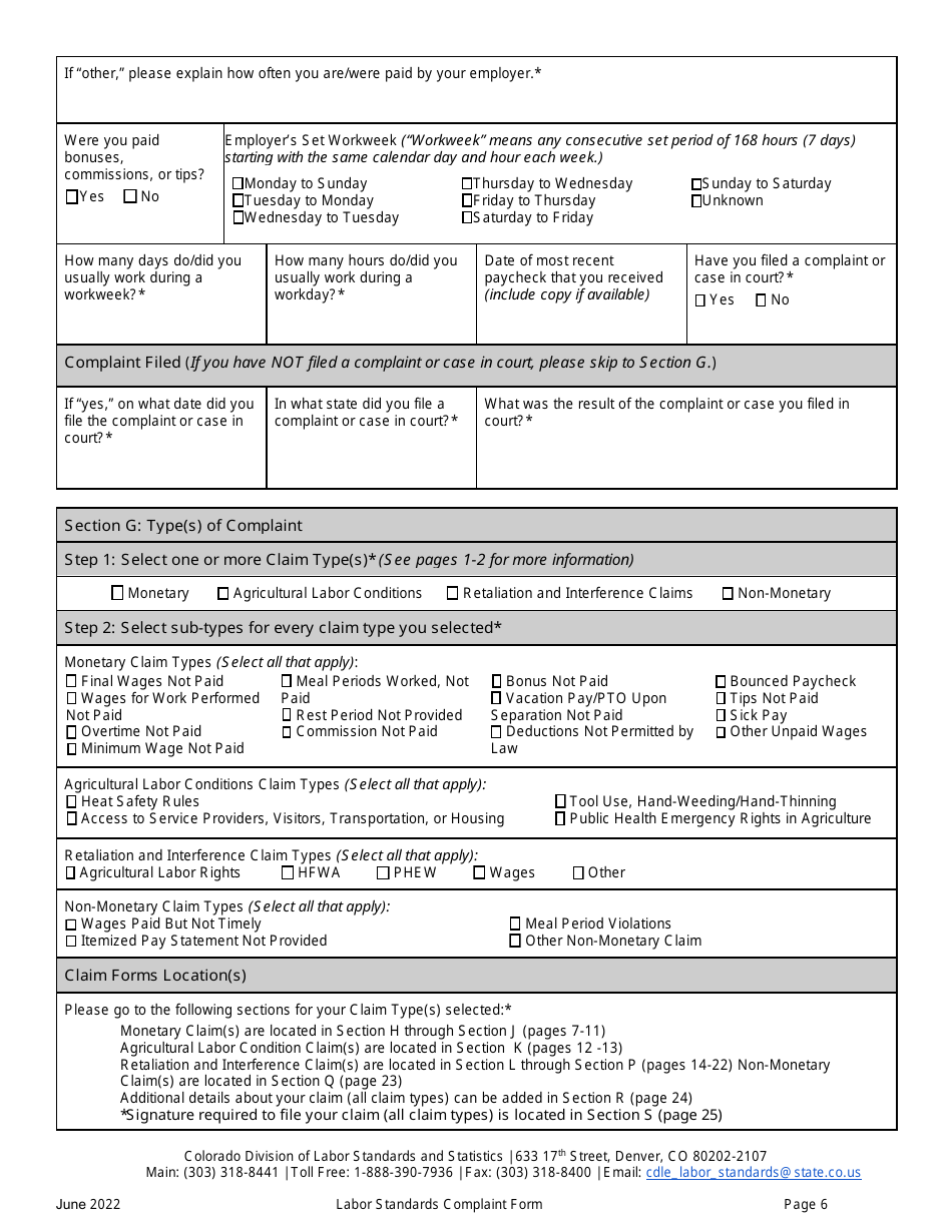 Labor Standards Complaint Form - Colorado, Page 6