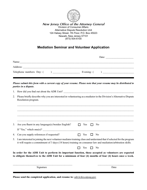 Mediation Seminar and Volunteer Application - New Jersey Download Pdf