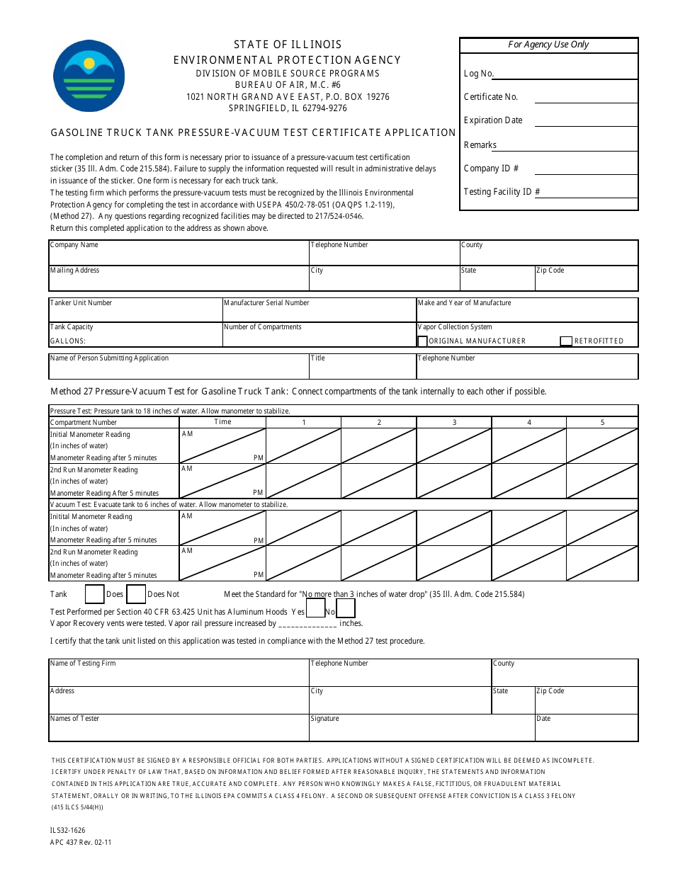 Form IL532-1626 (APC437) Gasoline Truck Tank Pressure-Vacuum Test Certificate Application - Illinois, Page 1