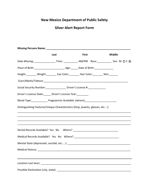 Silver Alert Report Form - New Mexico Download Pdf