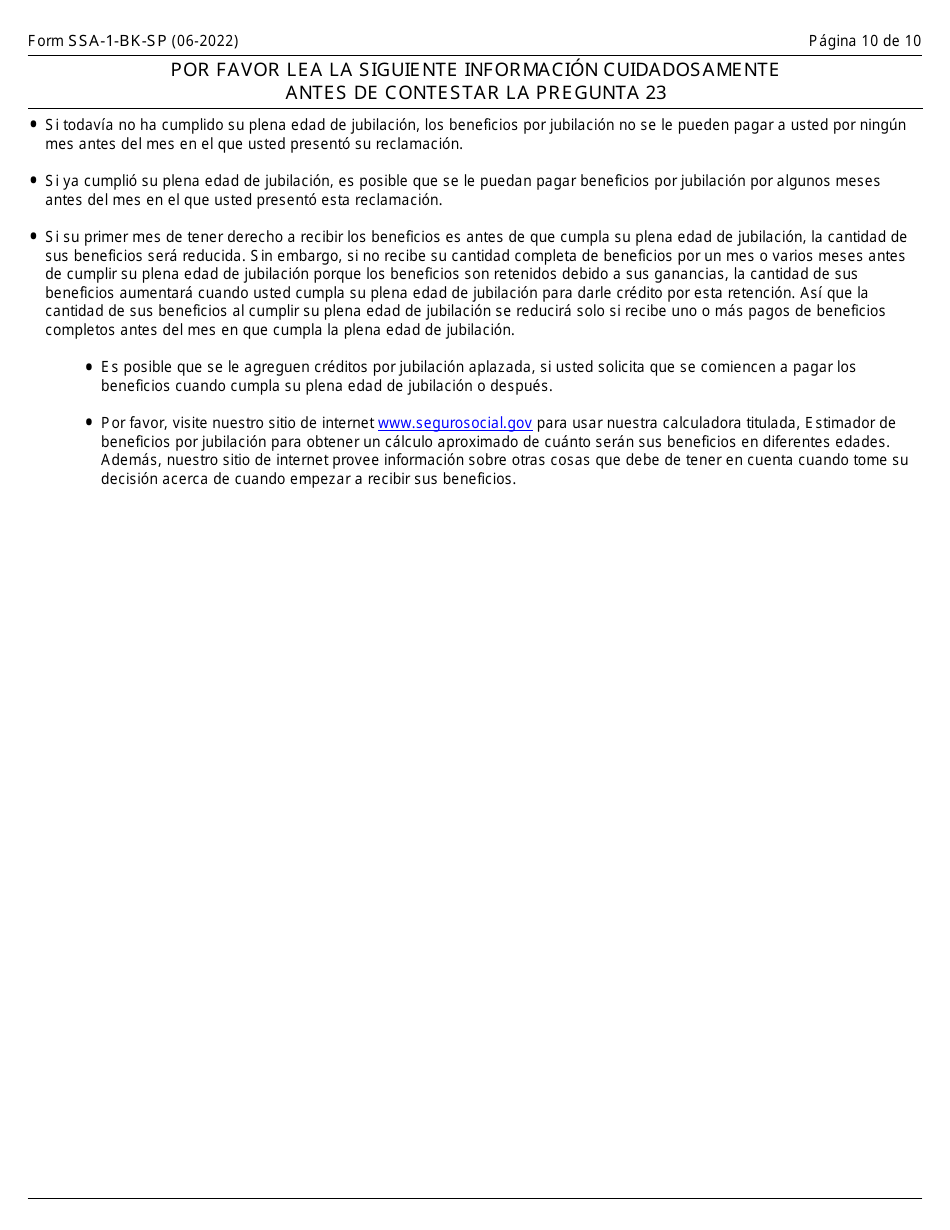 Formulario SSA-1-BK-SP Solicitud Para Beneficios De Seguro Por Jubliacion (Spanish), Page 10