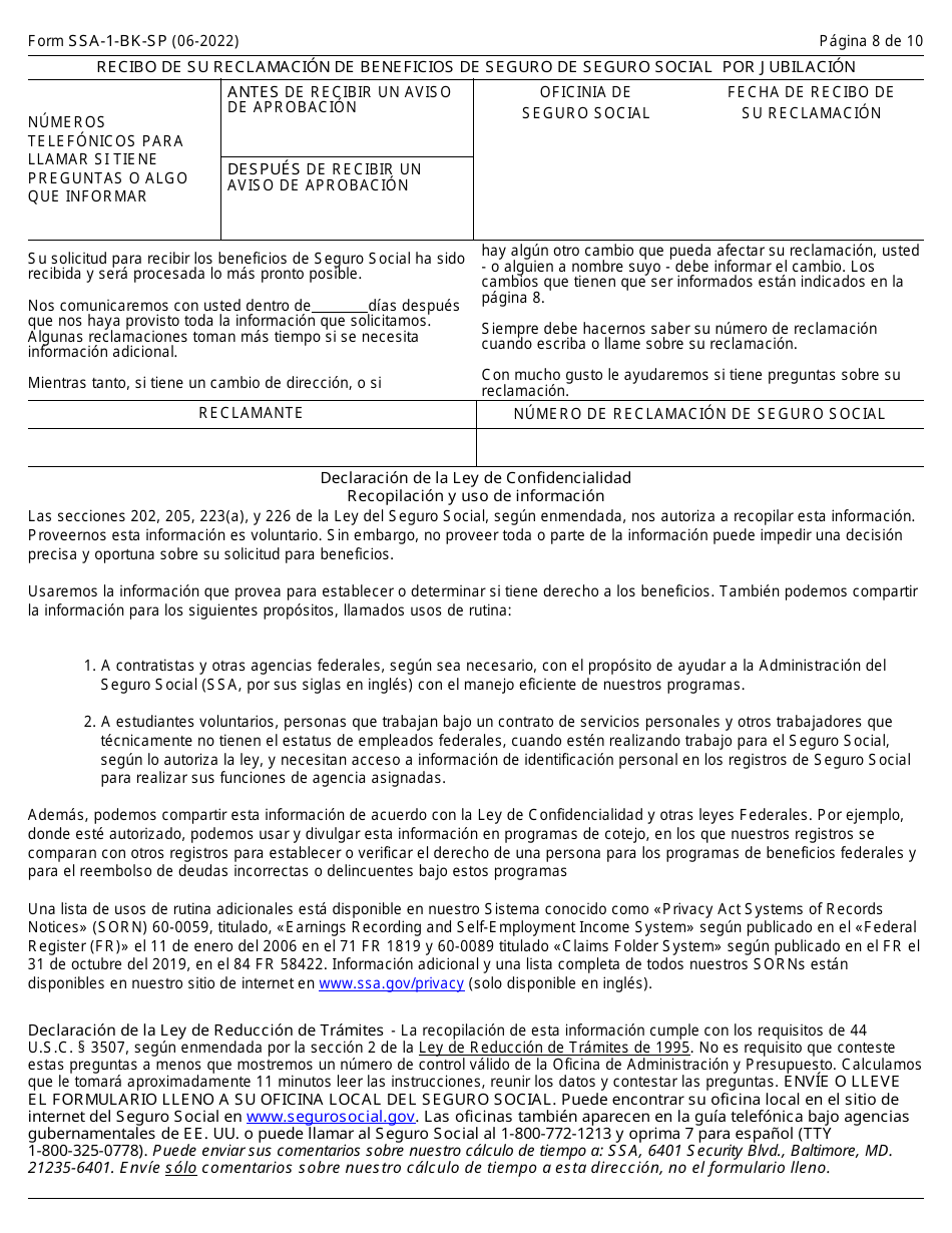 Formulario SSA-1-BK-SP Solicitud Para Beneficios De Seguro Por Jubliacion (Spanish), Page 8