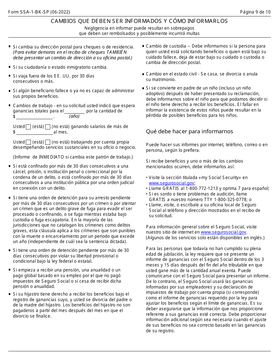 Formulario SSA-1-BK-SP Solicitud Para Beneficios De Seguro Por Jubliacion (Spanish), Page 9