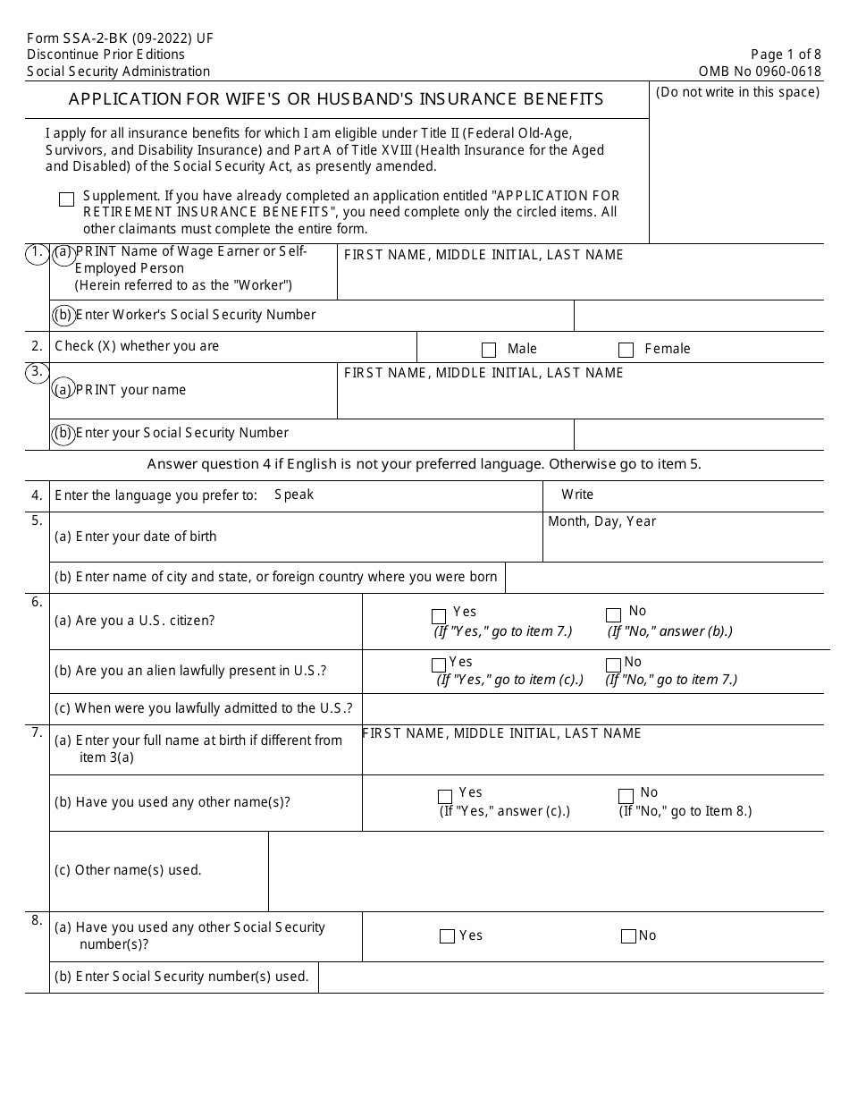 Form SSA-2-BK Application for Wifes or Husbands Insurance Benefits, Page 1