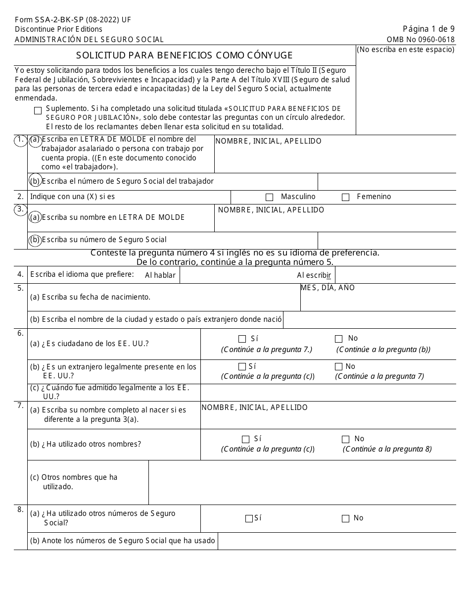 Formulario SSA-2-BK-SP Solicitud Para Beneficios Como Conyuge (Spanish), Page 1