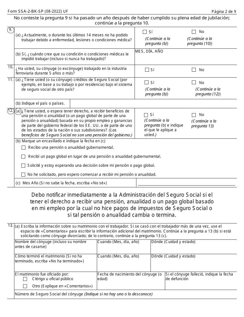 Formulario SSA-2-BK-SP Solicitud Para Beneficios Como Conyuge (Spanish), Page 2