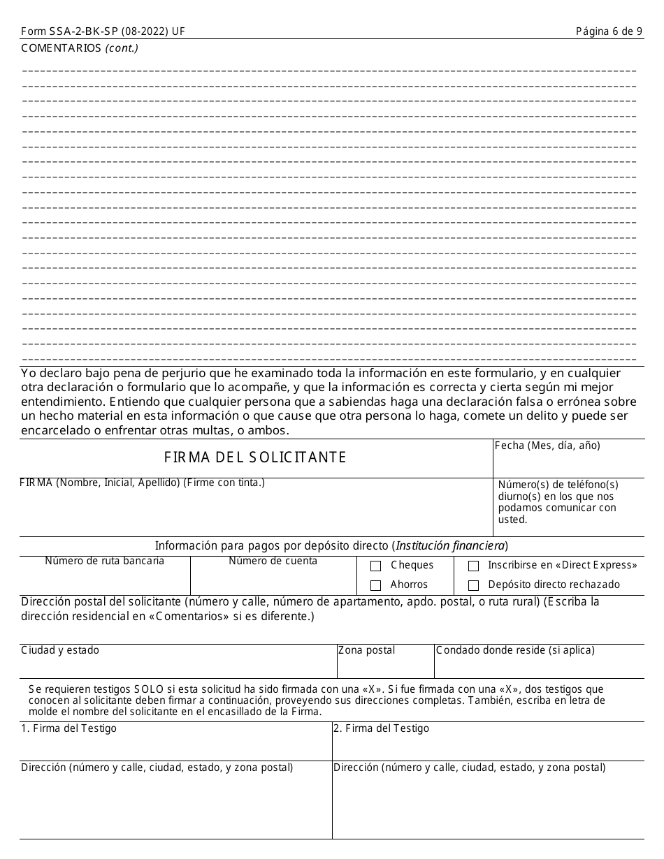 Formulario SSA-2-BK-SP Solicitud Para Beneficios Como Conyuge (Spanish), Page 6