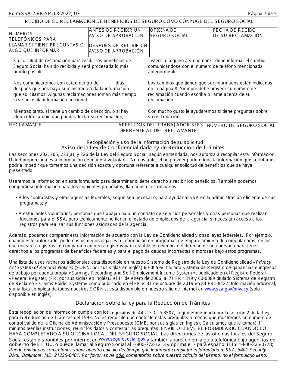 Formulario SSA-2-BK-SP Solicitud Para Beneficios Como Conyuge (Spanish), Page 7