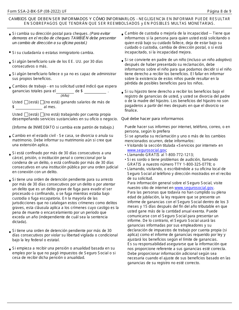 Formulario SSA-2-BK-SP Solicitud Para Beneficios Como Conyuge (Spanish), Page 8