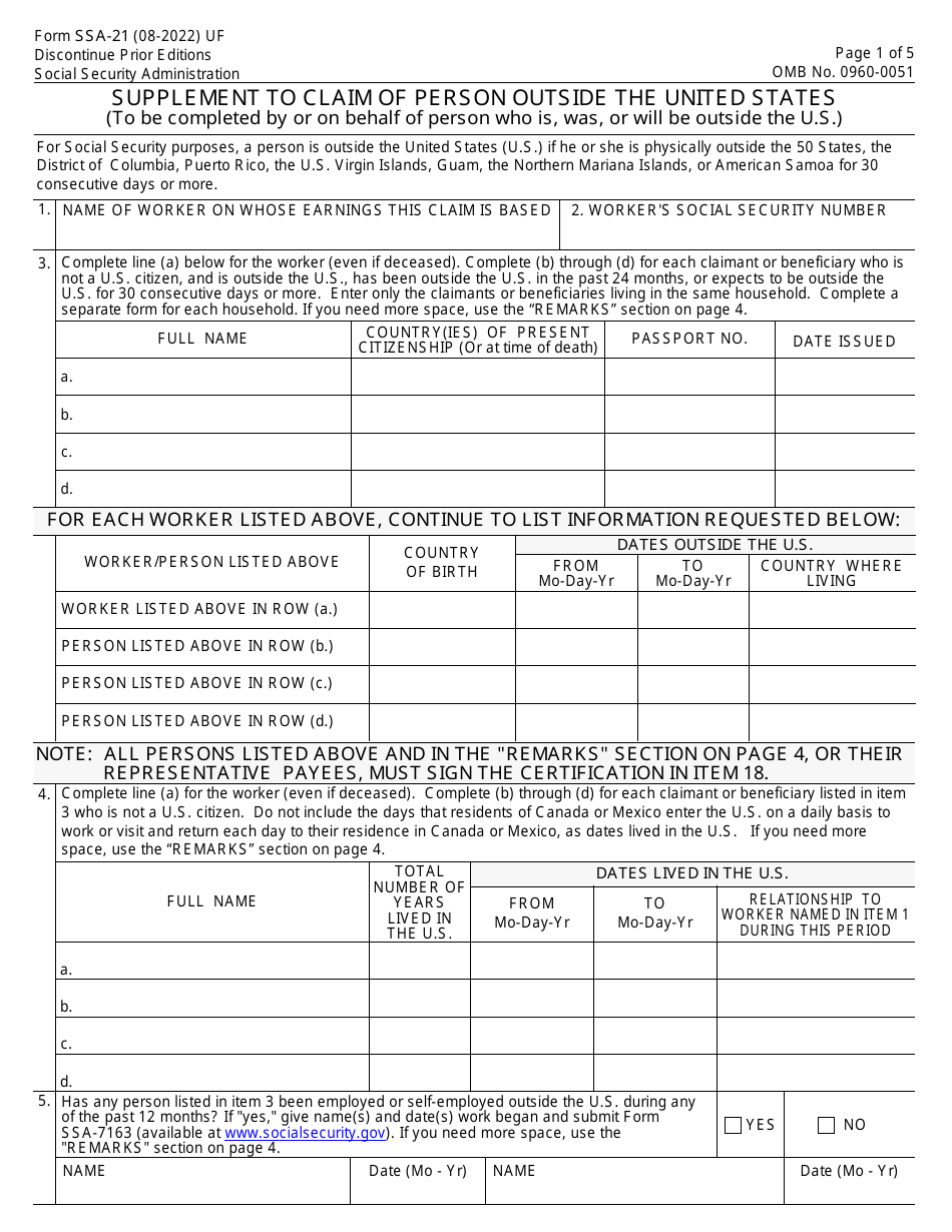 Form SSA-21 Supplement to Claim of Person Outside the United States, Page 1