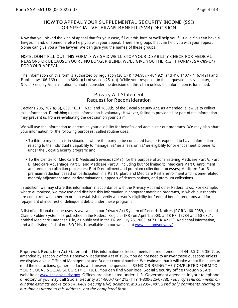 Form SSA-561-U2 Request for Reconsideration, Page 4