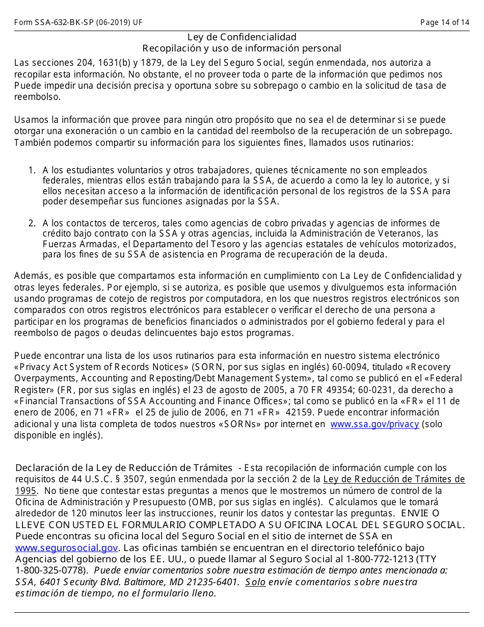 Formulario SSA-632-BK-SP Solicitud De Exoneracion De Sobrepago (Spanish), Page 14