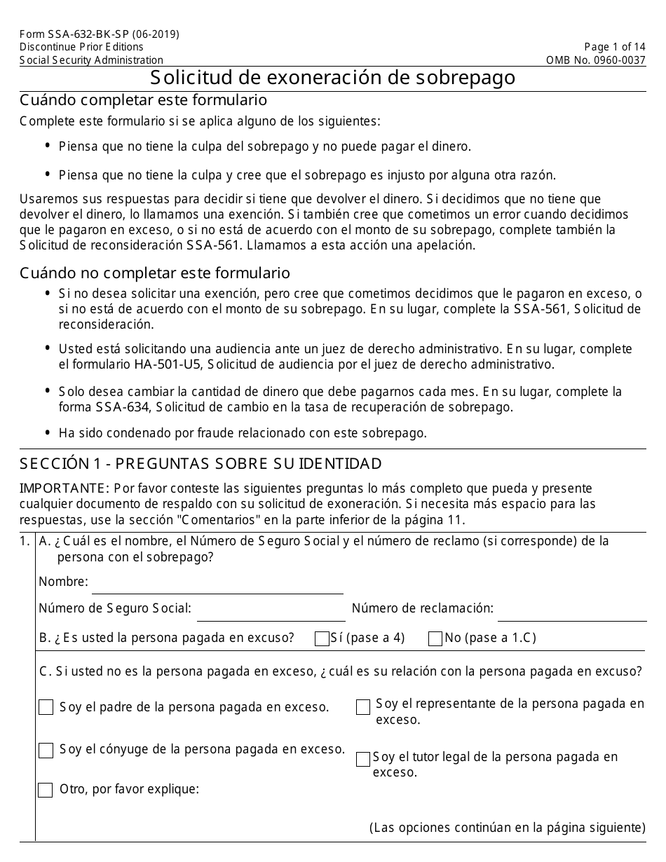 Formulario SSA-632-BK-SP Solicitud De Exoneracion De Sobrepago (Spanish), Page 1