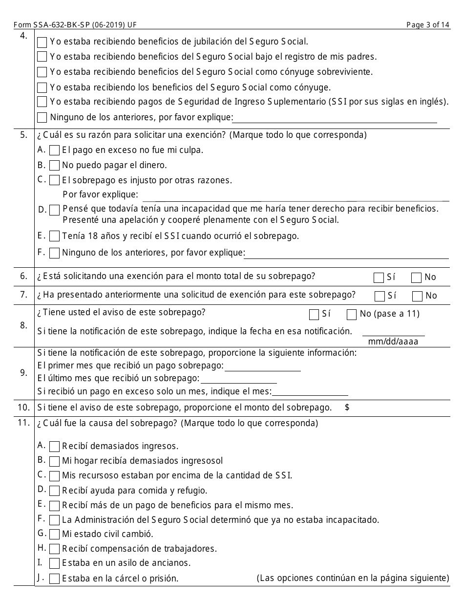 Formulario SSA-632-BK-SP Solicitud De Exoneracion De Sobrepago (Spanish), Page 3