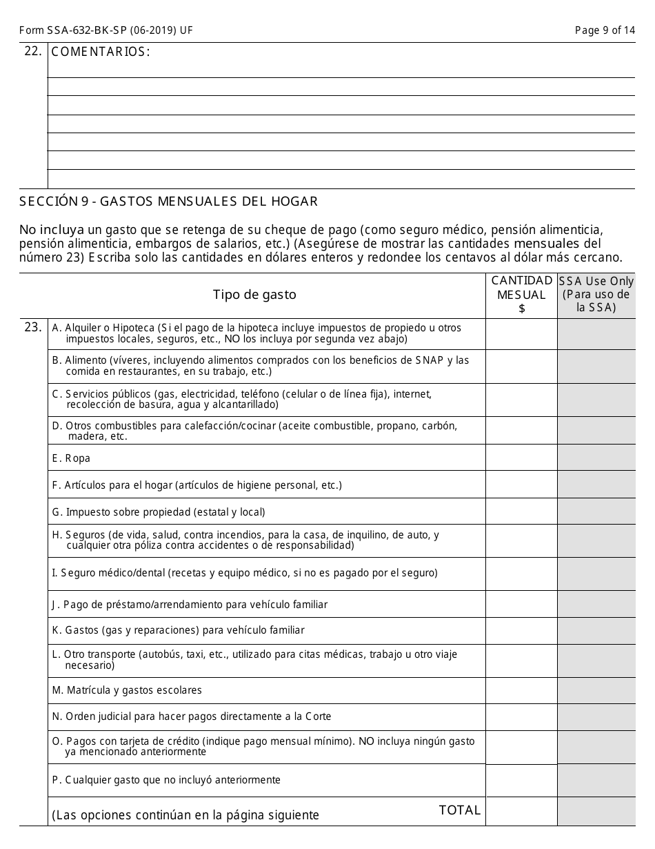 Formulario SSA-632-BK-SP Solicitud De Exoneracion De Sobrepago (Spanish), Page 9