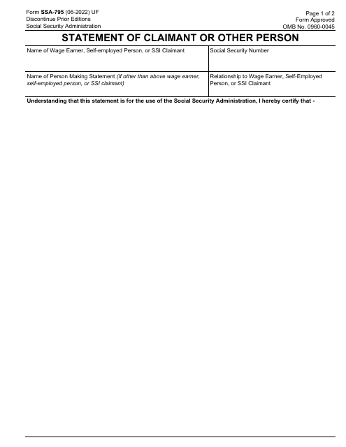 Form SSA 795 Download Fillable PDF Or Fill Online Statement Of Claimant 