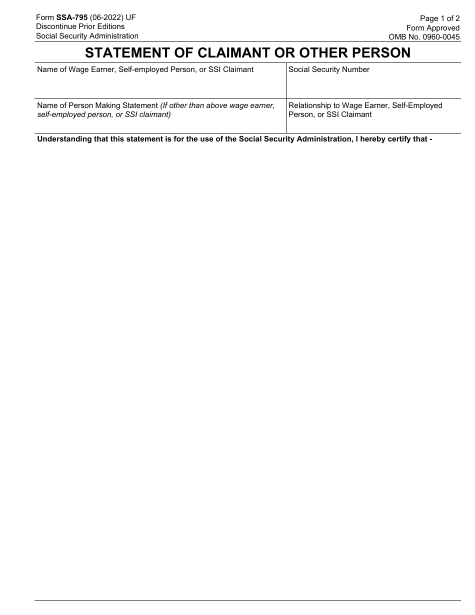 Form SSA-795 Statement of Claimant or Other Person, Page 1