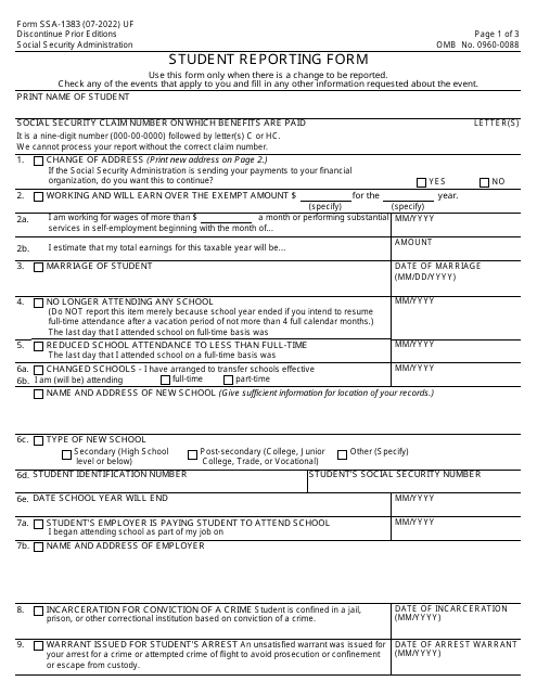 Form SSA-1383 Student Reporting Form
